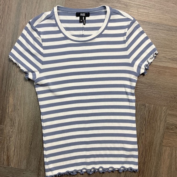 PAIGE Senne Tee Womens Medium Blue Ivory Striped Ribbed Lettuce Hem Top Preppy - Picture 1 of 9